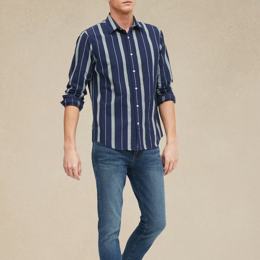 Banana Republic Untucked Slim Fit Cotton Shirt L Navy Stripe - Picture 1 of 5